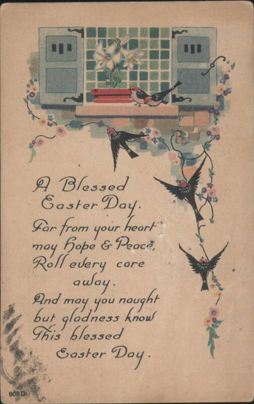 Easter Greeting Poem with Window Scene, Birds, and Flowers