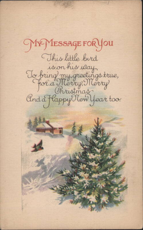 Merry Christmas and Happy New Year Greeting with Snowy Cabin and Tree