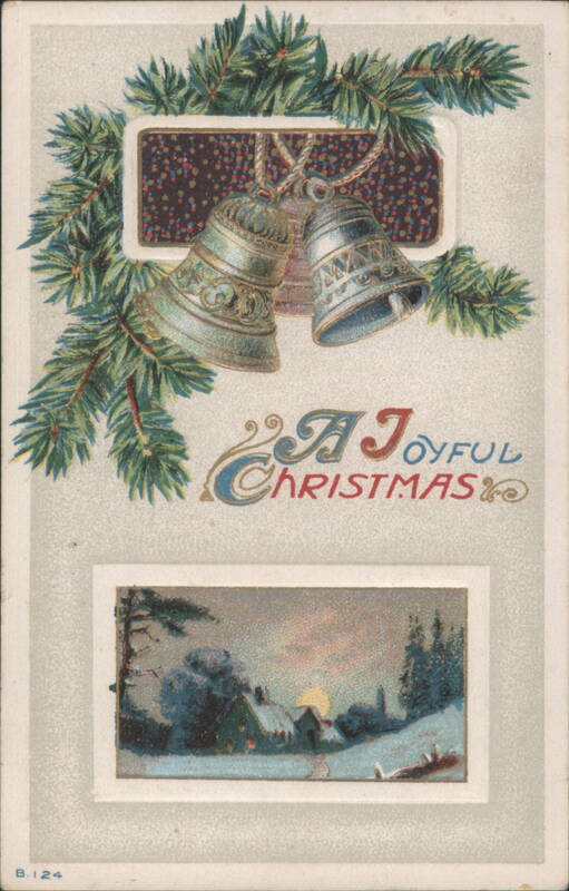 A Joyful Christmas Bells & Pine Boughs with Winter Landscape