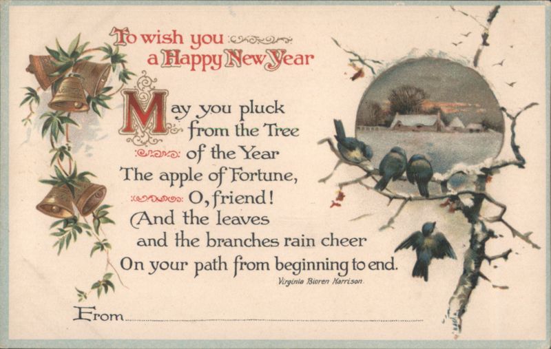 Happy New Year Poem, Winter Scene with Birds and Bells, Virginia Bioren Harrison