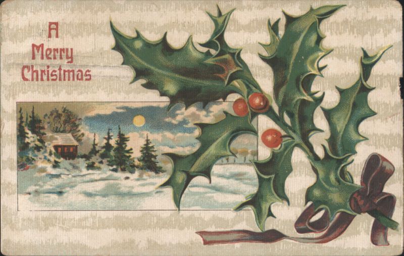 A Merry Christmas Holly Branch, Winter Landscape with Cabin and Moon