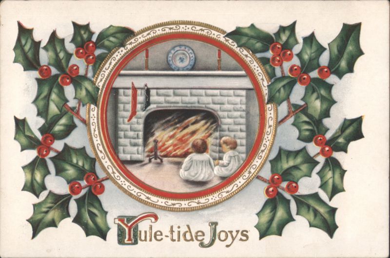 Yule-tide Joys: Children by Fireplace with Holly Wreath