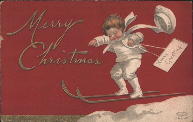 Merry Christmas Child on Skis with Xmas Greeting Tag