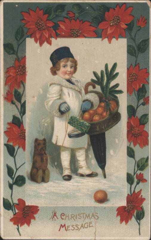 Child with Umbrella, Oranges & Teddy Bear, Poinsettia Border, Christmas Message