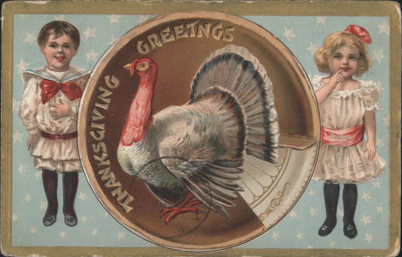 Thanksgiving Greetings with Children and Turkey on Coin Medallion