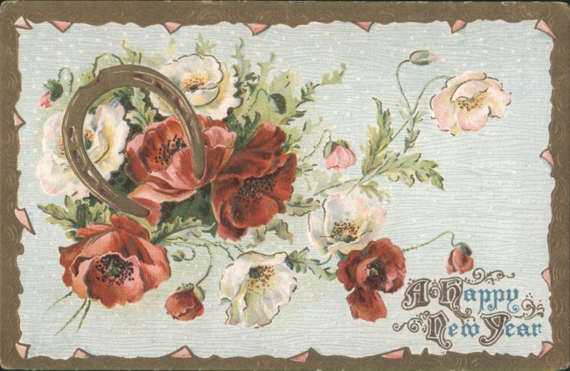 A Happy New Year Greeting with Flowers and Horseshoe
