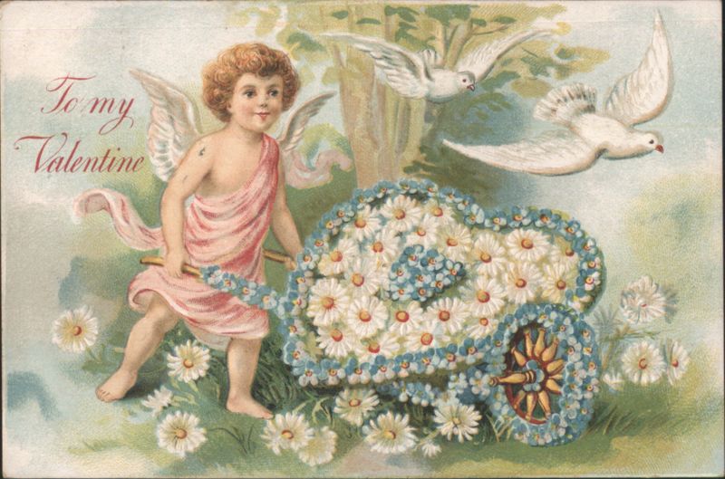 Cherub with Flower Cart and Doves, To My Valentine
