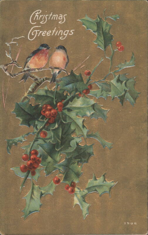 Christmas Greetings with Two Birds on Holly Branch