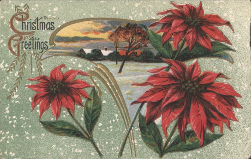 Christmas Greetings with Poinsettias and Snowy Winter Landscape