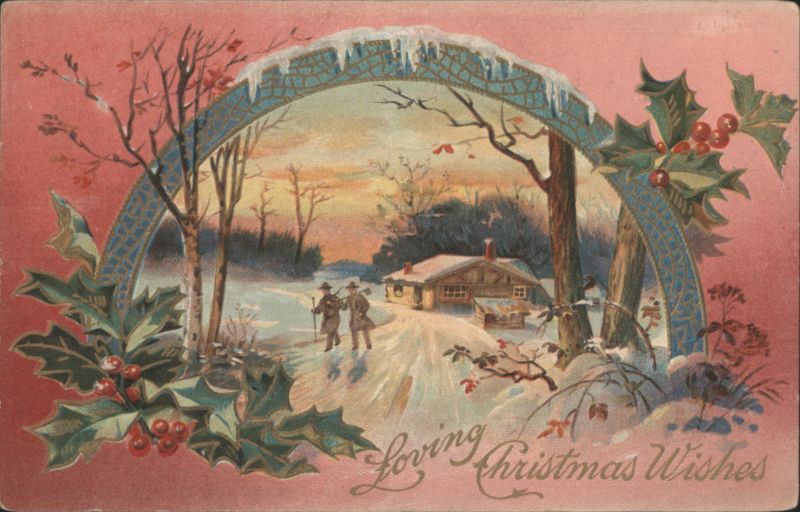 Winter Cabin Scene with Men and Holly Arch, Loving Christmas Wishes