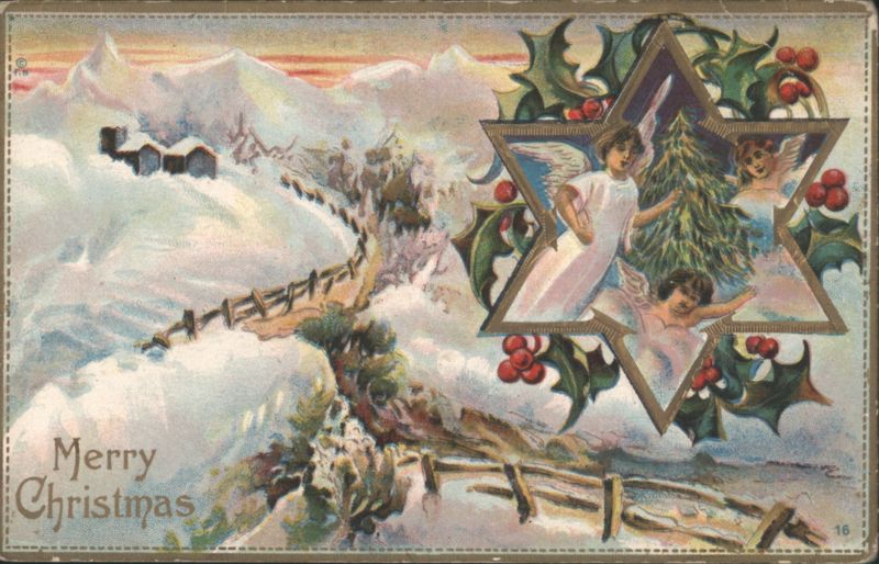 Merry Christmas Angels in Star, Snow-Covered Mountains