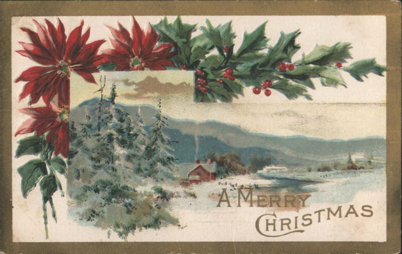 A Merry Christmas with Poinsettias, Holly, and Winter Landscape