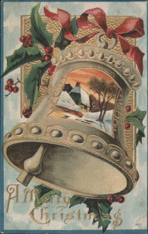 A Merry Christmas Bell with Winter Village Scene and Holly