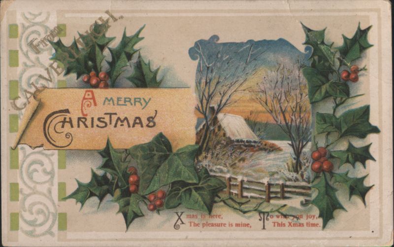 A Merry Christmas Greeting, Holly, and Snowy Winter Landscape