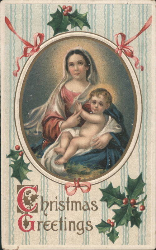 Madonna and Child Christmas Greetings with Holly and Ribbons