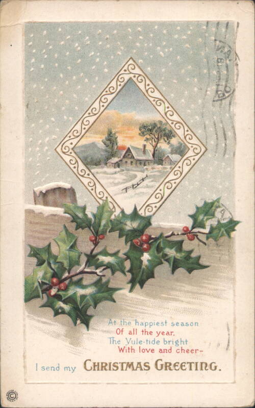 Christmas Greeting with Holly and Snowy Village Scene