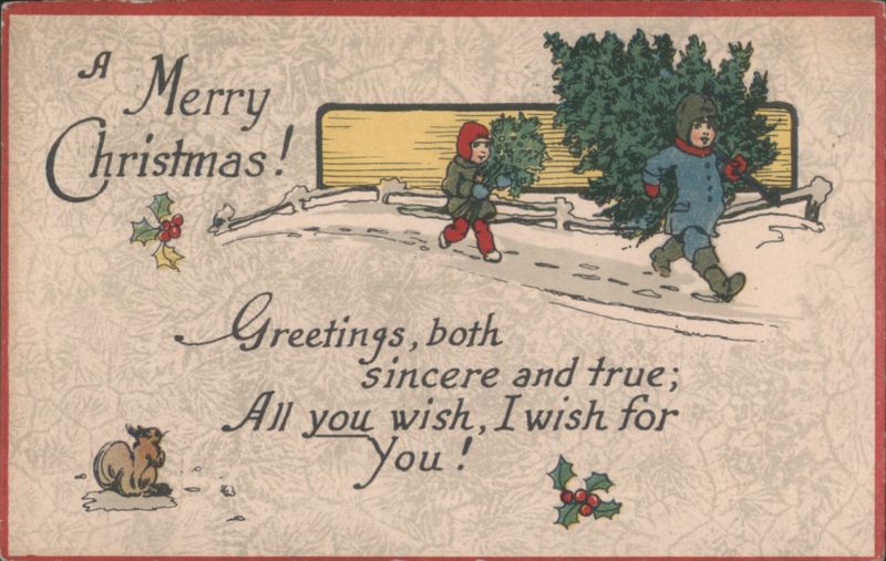 Merry Christmas Children Carrying Evergreen Trees in Snow