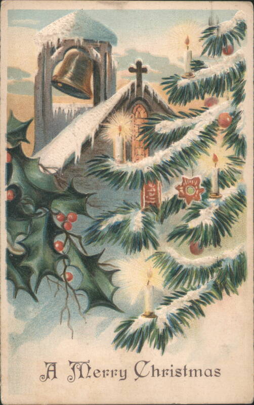 Snowy Church and Bell Tower, Decorated Christmas Tree, Holly - A Merry Christmas