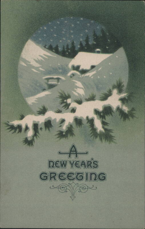A New Year's Greeting Winter Cabin Scene with Snow-Covered Pines