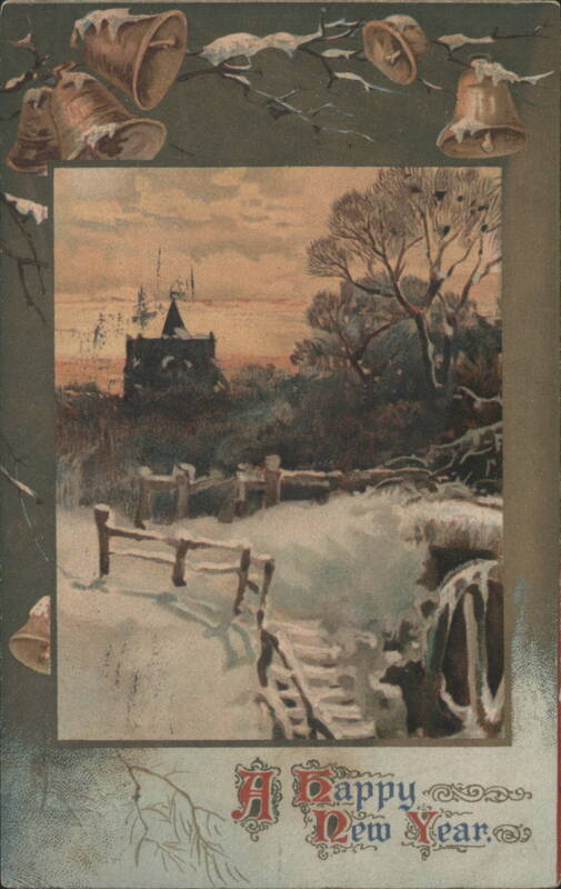 Winter Landscape with Snow, Bells, and Happy New Year Greeting