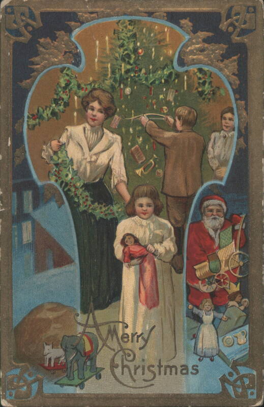 Family Decorating Christmas Tree with Santa Claus and Children
