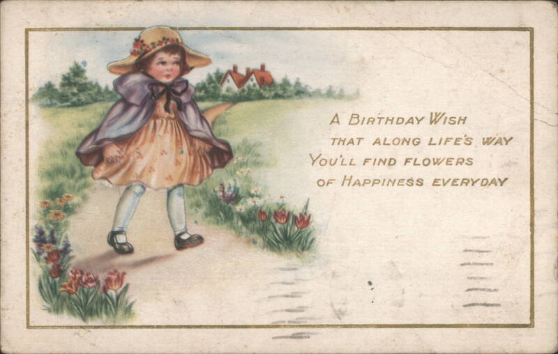 A Birthday Wish, Young Girl in Hat with Flowers on a Path
