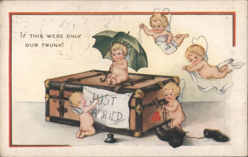 Just Married Cherubs with Trunk and Umbrella Angels