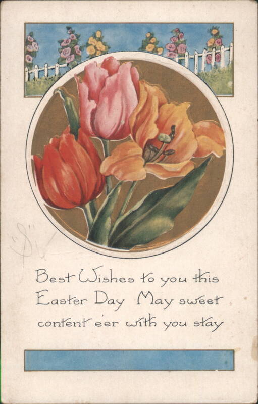 Easter Day Tulips with Picket Fence and Floral Border Greeting