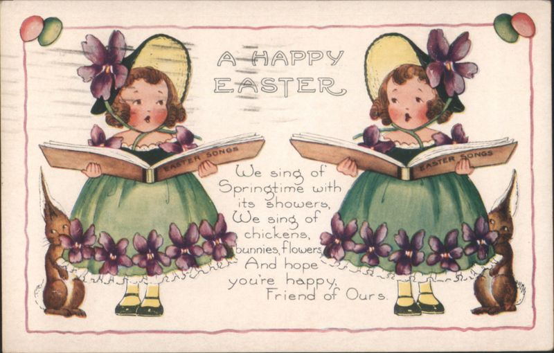 Happy Easter Girls Singing with Bunnies and Flowers
