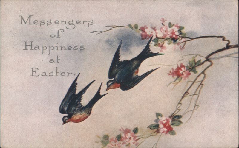 Messengers of Happiness at Easter with Swallows and Pink Blossoms
