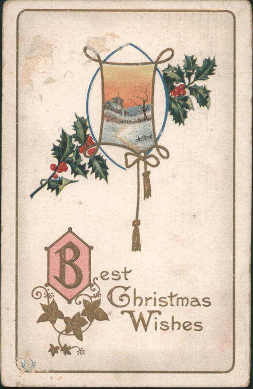Best Christmas Wishes, Winter Village Scene with Holly and Berries