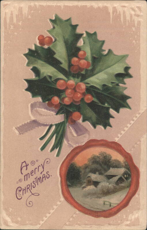 Holly Bouquet with Berries and Snowy Village Scene, Christmas & New Year