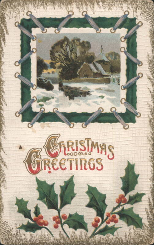 Christmas Greetings with Winter Village Scene and Holly