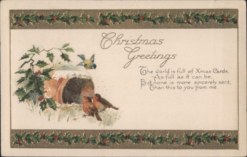Christmas Greetings with Birds, Holly, and Birdhouse