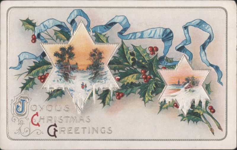Joyous Christmas Greetings with Holly, Berries, Blue Ribbon, Winter Star Scenes