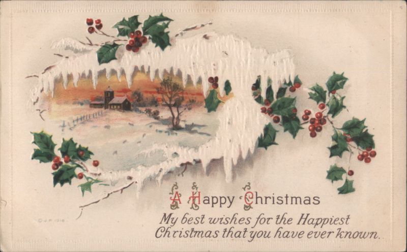 Happy Christmas Greeting from Santa Claus with Snowy Church Scene