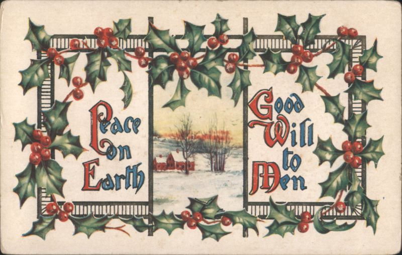 Peace on Earth Good Will to Men Christmas Holly Winter Scene