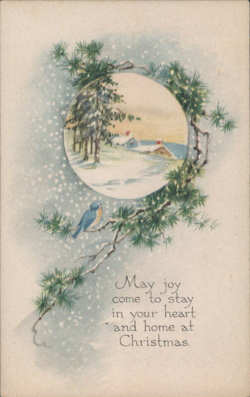 Bluebird on Pine Branch, Snowy Village, Christmas Greeting