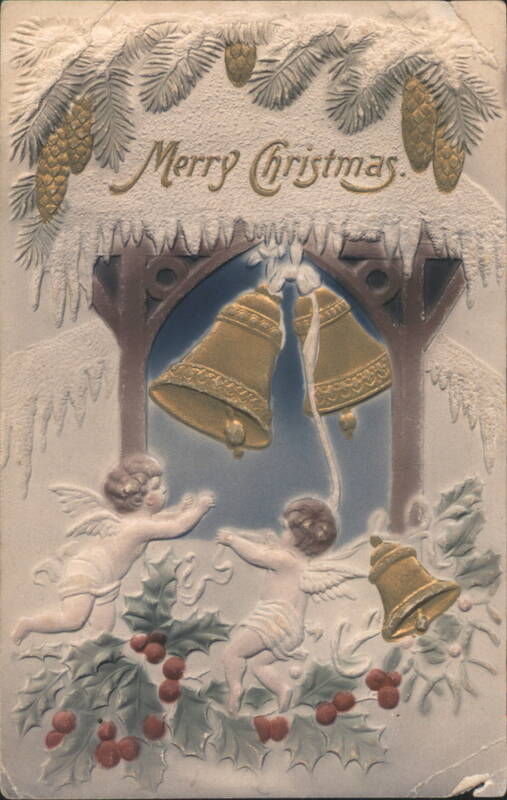 Merry Christmas Angels with Golden Bells, Holly, and Snowy Pine Branches