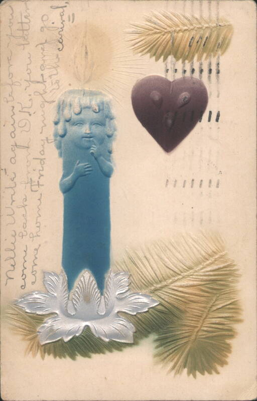 Embossed Blue Candle with Child's Face, Heart, and Message to Nellie