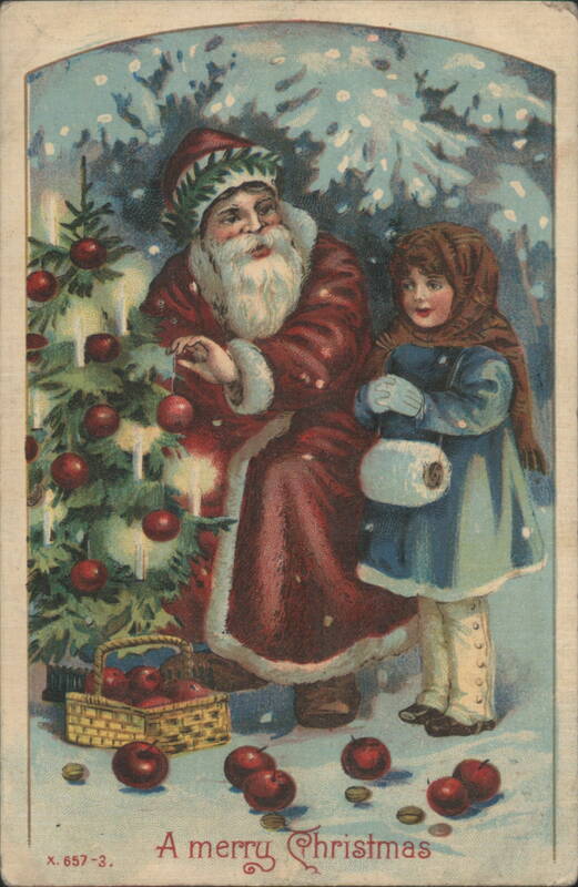 Santa Claus & Girl Decorating Christmas Tree, Snowy Scene, A Merry Christmas