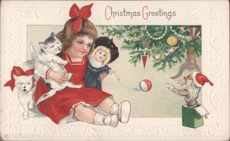 Christmas Greetings with Girl Holding Cats and Santa Claus