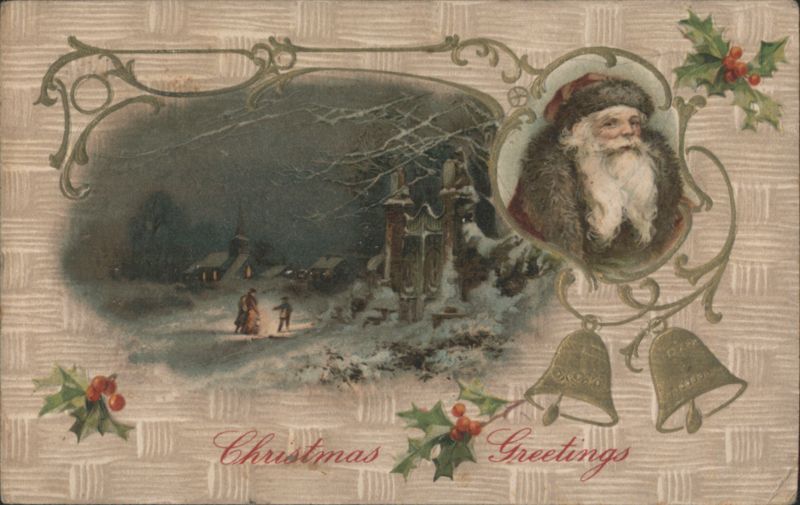 Santa Claus, Snowy Village Scene, Christmas Bells and Holly
