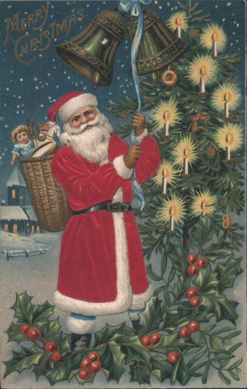 Santa Claus Ringing Bells by Christmas Tree with Candles, Holly, Snow
