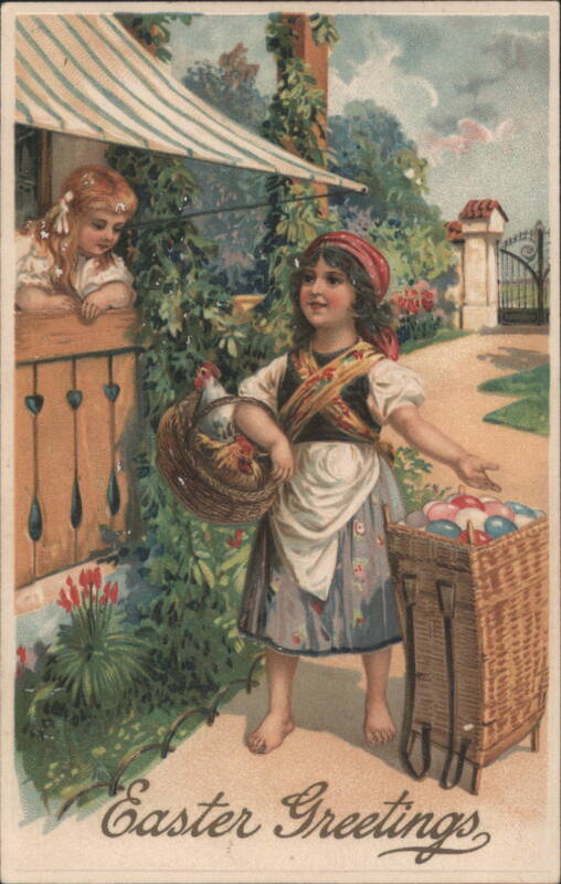 Easter Greetings with Girls, Chickens, and Eggs at a Cottage Window