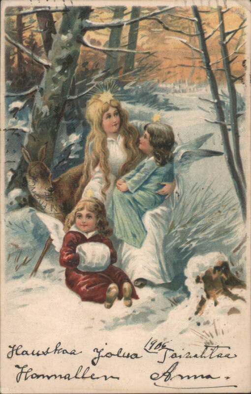 Hauskaa Joulua 1906: Angel & Children in Snowy Forest with Deer
