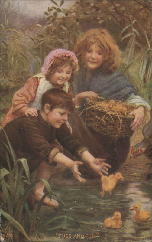 Children Playing with Ducks by Pond, 'Fuss and Fun'