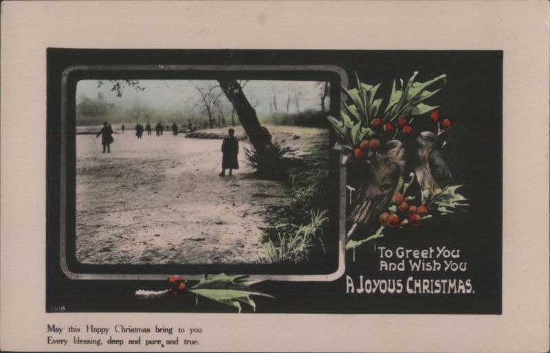 Joyous Christmas Greeting with Winter Scene and Holly Berries