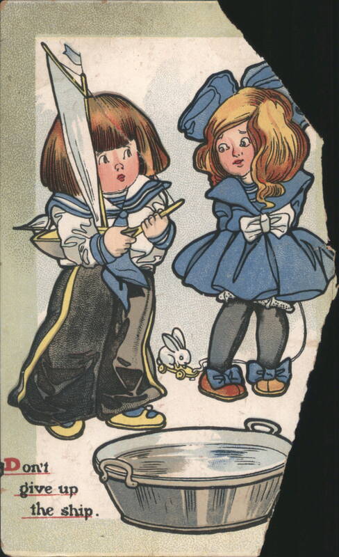 Don't Give Up the Ship, Children in Sailor and Blue Dress with Toy Boat