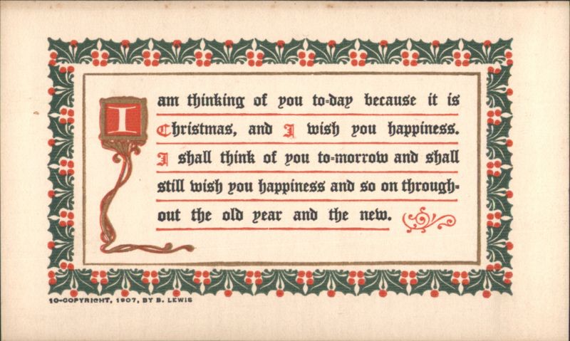 Christmas & New Year Greeting Poem, Holly Border, Ornate Initial